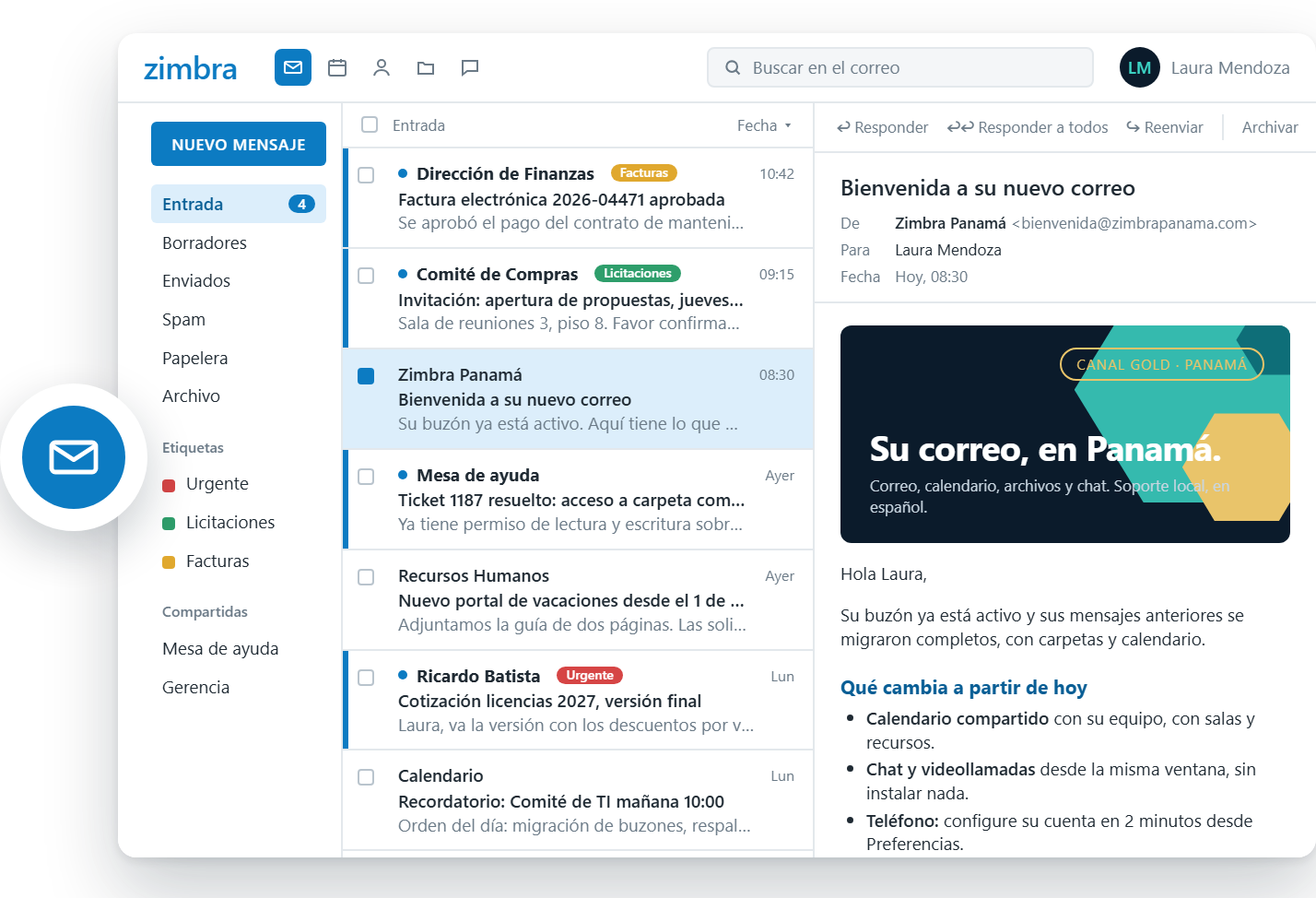 Cliente web de Zimbra: bandeja de entrada con lista de mensajes y vista de lectura